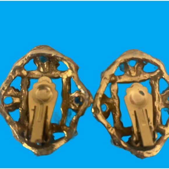 Vintage Art Deco Pink Enamel Cabochon Gold Tone Clip On Earrings w Rhinestones - Picture 4 of 7